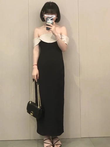 2024 new Hepburn style French high-end black dress women's summer slimming one-shoulder long dress