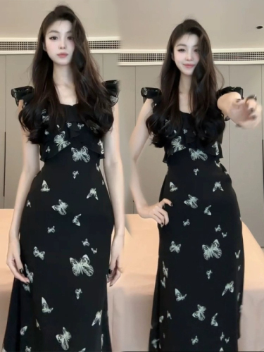 Xiao Fei Sleeve Black Floral Dress Women's Summer 2024 New Pear Shape French Slim Waist Long Dress