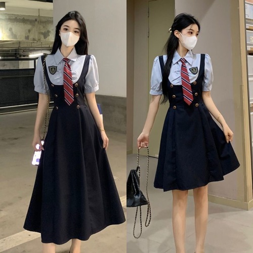 College style jk uniform waist slimming short-sleeved shirt suspender dress two-piece suit women's summer pure lust style skirt