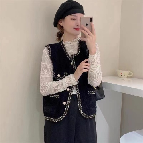 High-definition mink velvet small fragrant vest for women 2024 new autumn Korean style versatile round neck cardigan sleeveless top jacket