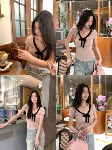 Pink slim stretch short-sleeved sweater summer versatile design top