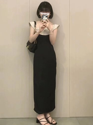 2024 new Hepburn style French high-end black dress women's summer slimming one-shoulder long dress