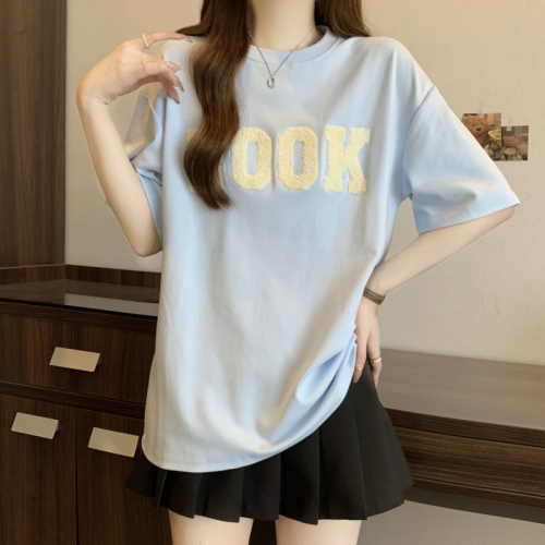 Actual shot of 21-count pure cotton high-density 2024 summer towel embroidered short-sleeved T-shirt for women