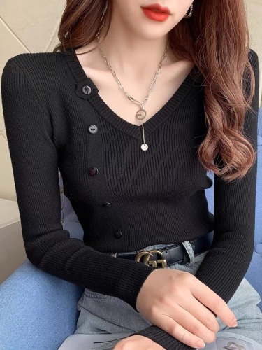 2024 autumn and winter new V-neck core-spun yarn long-sleeved sweater women's slim pullover sweater with bottoming shirt trendy