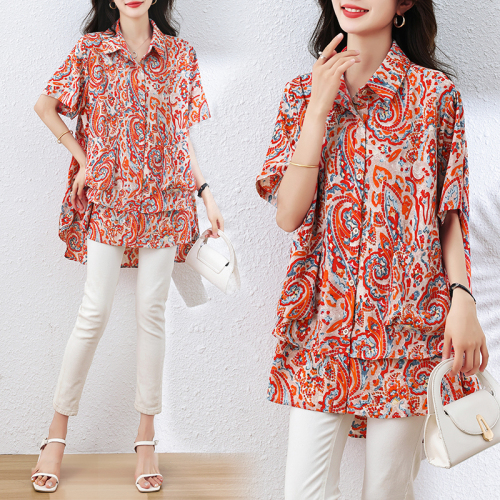 Real shot original quality large size printed shirt women's short-sleeved summer 2024 new style top