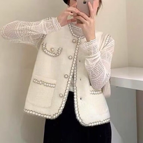 High-definition mink velvet small fragrant vest for women 2024 new autumn Korean style versatile round neck cardigan sleeveless top jacket