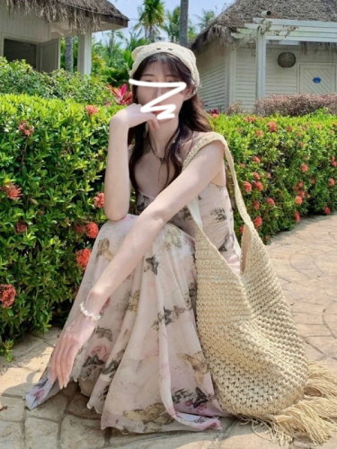 Tea Break French Style Waist A-Line Floral Dress Women's Summer Long Dress 2024 New Vacation Suspender Dress