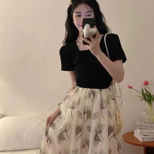 Chiffon fabric + lining large size French tea break two-piece a-line dress summer fat girl waist slimming skirt