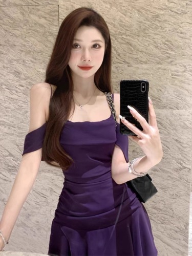 Fishing style date dress purple off-shoulder sling collar suspender dress petite pure lust style high-end waist short skirt summer