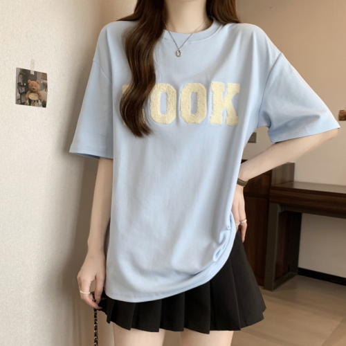 Actual shot of 21-count pure cotton high-density 2024 summer towel embroidered short-sleeved T-shirt for women