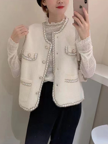 High-definition mink velvet small fragrant vest for women 2024 new autumn Korean style versatile round neck cardigan sleeveless top jacket