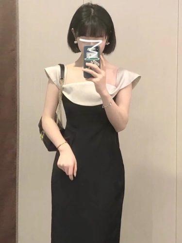 2024 new Hepburn style French high-end black dress women's summer slimming one-shoulder long dress