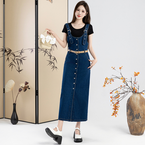 Real shot single-breasted denim suspender dress for women summer retro new style temperament waist slimming mid-length skirt