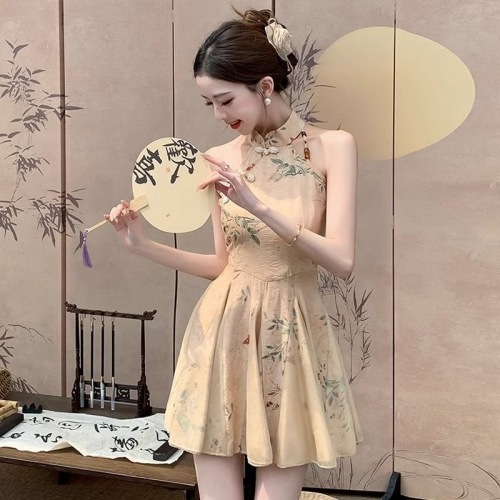 New Chinese style national style dress for small summer women, sleeveless halterneck skirt, short style, slimming, retro temperament