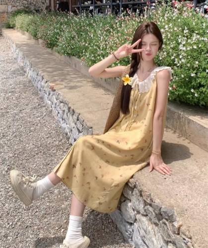 French platycodon lace sleeveless dress bow printed vest dress for women summer 2024 new mid-length skirt for age reduction