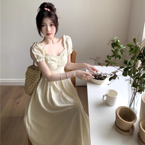 Tea break French style gentle puff sleeve dress women's summer niche design high-end seaside vacation waist long dress