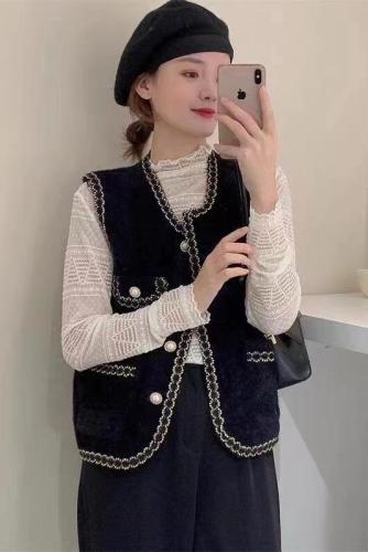 High-definition mink velvet small fragrant vest for women 2024 new autumn Korean style versatile round neck cardigan sleeveless top jacket