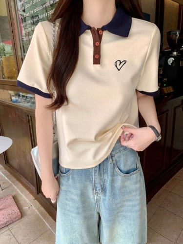 Real shot of Mamba cotton short-sleeved T-shirt summer trend lapel embroidered shoulder slim short top Korean style women's clothing