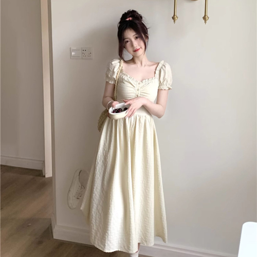 Tea break French style gentle puff sleeve dress women's summer niche design high-end seaside vacation waist long dress