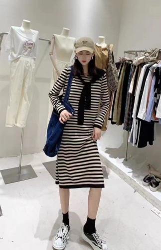 Early autumn striped sweater dress for women, fashionable and versatile, age-reducing bottoming skirt, Korean style loose mid-length sweater trendy