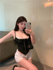 Real shot of sexy see-through mesh spliced ​​lace breast cotton hot girl fishbone suspender high-end inner top