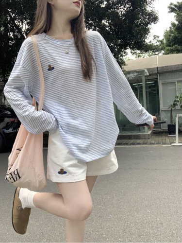 Original transparent strip classic versatile striped long-sleeved T-shirt women's summer thin sun protection cover-up loose top