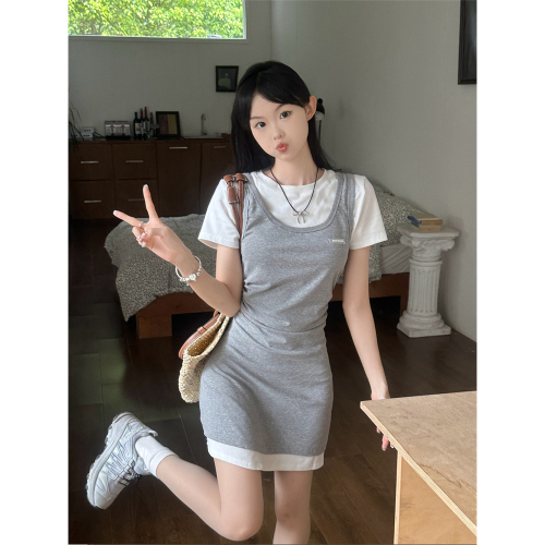 Real shot of French splicing slim new short skirt women's fashion slim waist temperament dress summer