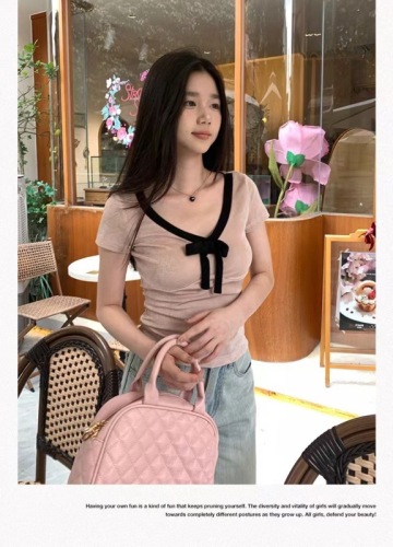 Pink slim stretch short-sleeved sweater summer versatile design top