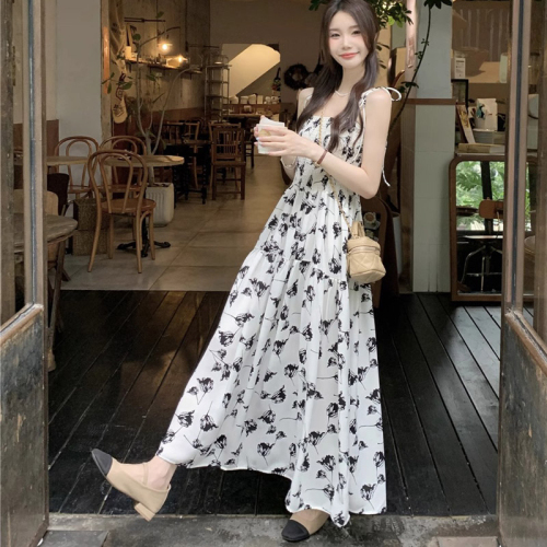 Original French floral suspender skirt women's waist slimming resort style beach dress