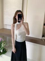 AS OFFICIAL white strappy bow slanted shoulder vest for women to wear as hot girl's off-shoulder sleeveless top