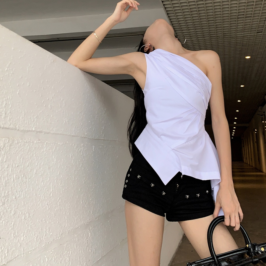 2024 new summer hot girl breathable and refreshing white all-match slanted shoulder shirt vest women's top