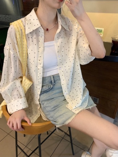 Actual shot~Korean summer loose casual polka dot back tie thin long-sleeved sun protection shirt~