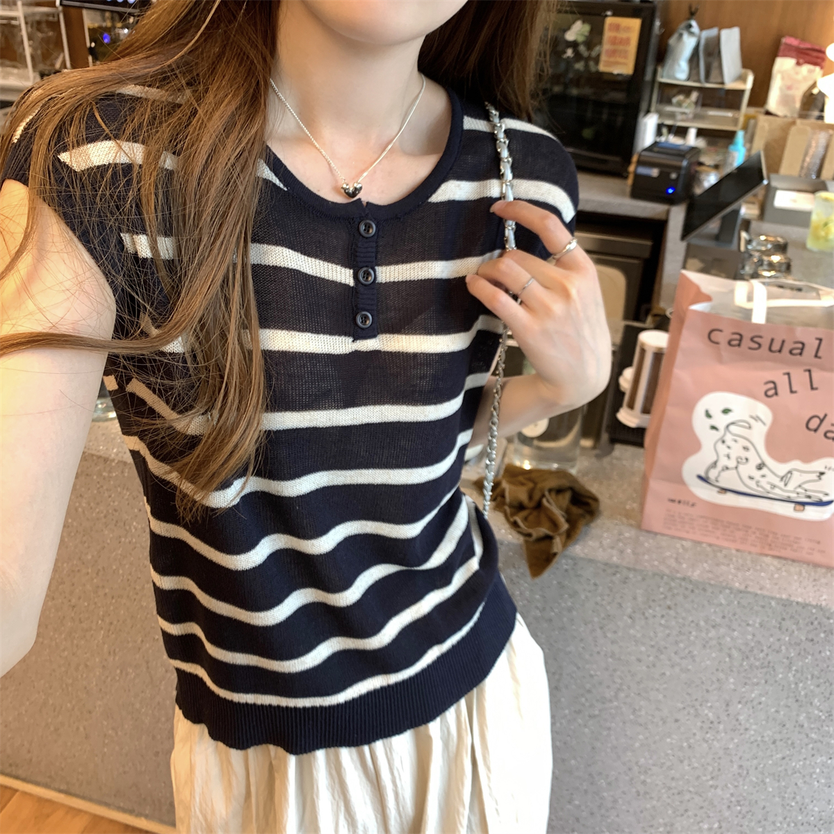 Photographed Summer Korean-style temperament striped button versatile breezy linen knitted dropped shoulder short-sleeved top for women