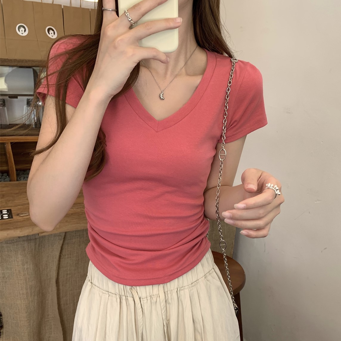 實拍 夏季韓版正肩修身v領氣質褶皺玫紅顯白純棉短袖T恤上衣