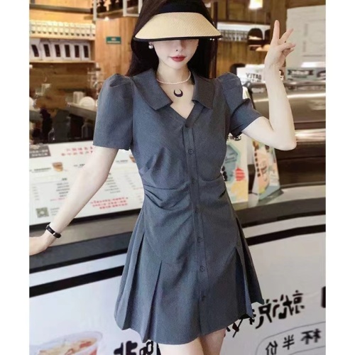 Waist slimming V-neck irregular dress 2024 summer new pleated shirt skirt