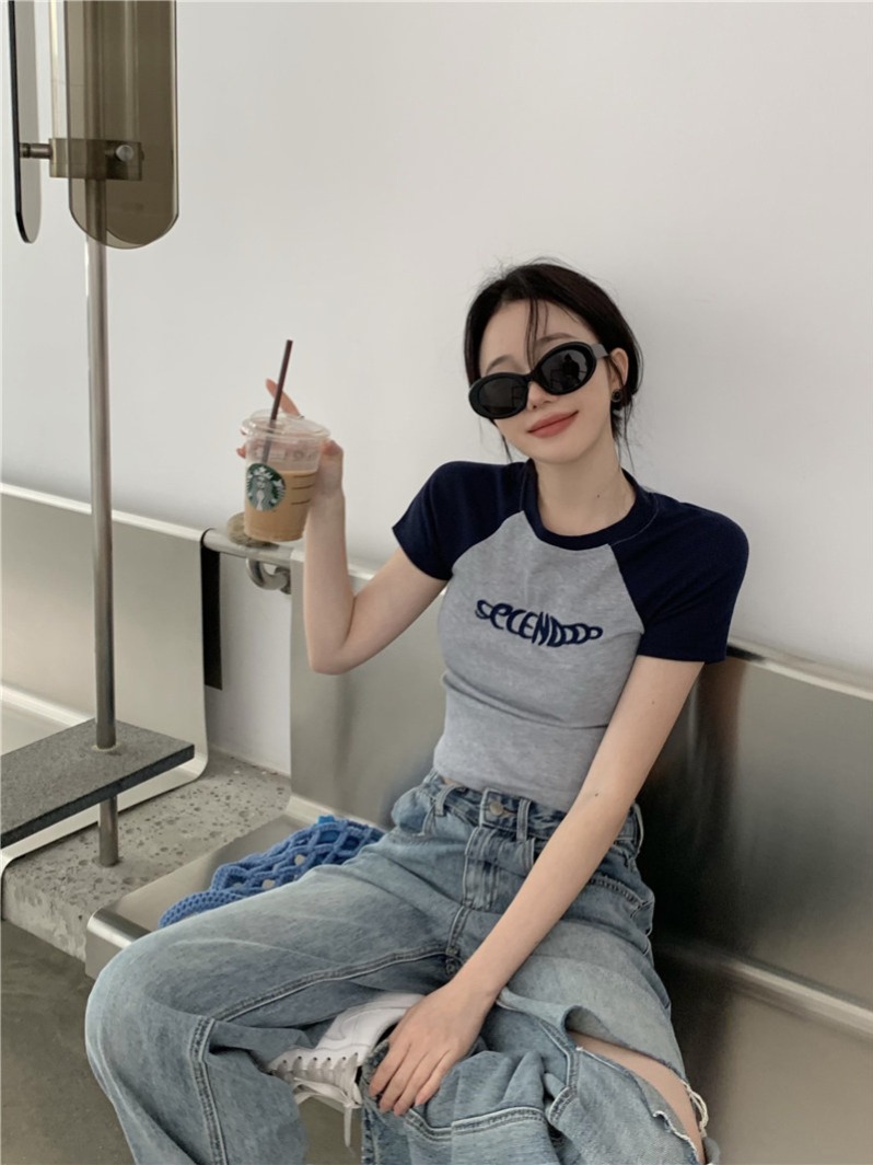 超火插肩袖辣妹短袖T恤女夏季新款美式復古短款修身顯瘦甜辣上衣
