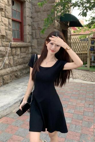 Real shot French waist sweet and spicy black small A-line short-sleeved dress summer 2024 new short skirt