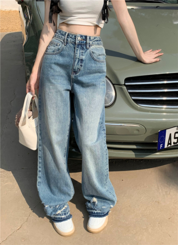 Real shot!  Retro straight-leg jeans for women, new high-waisted, loose, slimming, floor-length wide-leg pants