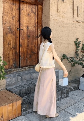 Korean-style fungus-edged sleeveless shirt for women, casual loose, slightly see-through vest, high-waisted casual wide-leg pants suit