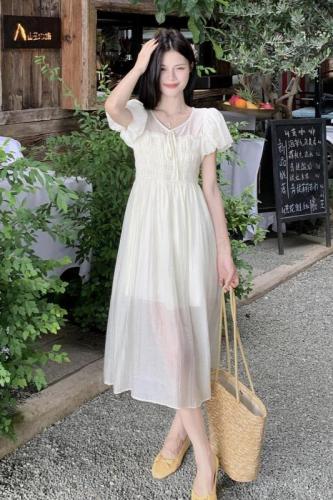 Actual shot of gentle and fresh French style lace-up puff sleeve dress for women, new summer super fairy Tencel skirt