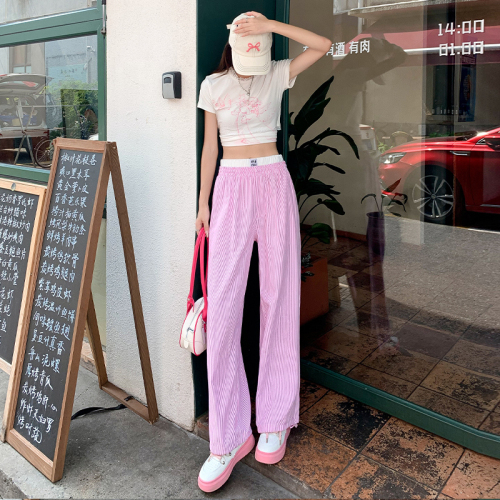 Actual shot of new summer fake two-piece pink striped pants for women, lazy style casual wide-leg trousers