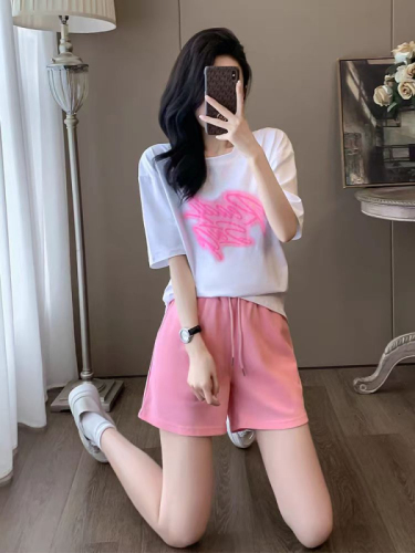 Back collar imitation cotton milk silk 2024 sports suit T-shirt shorts suit women's summer short-sleeved two-piece set