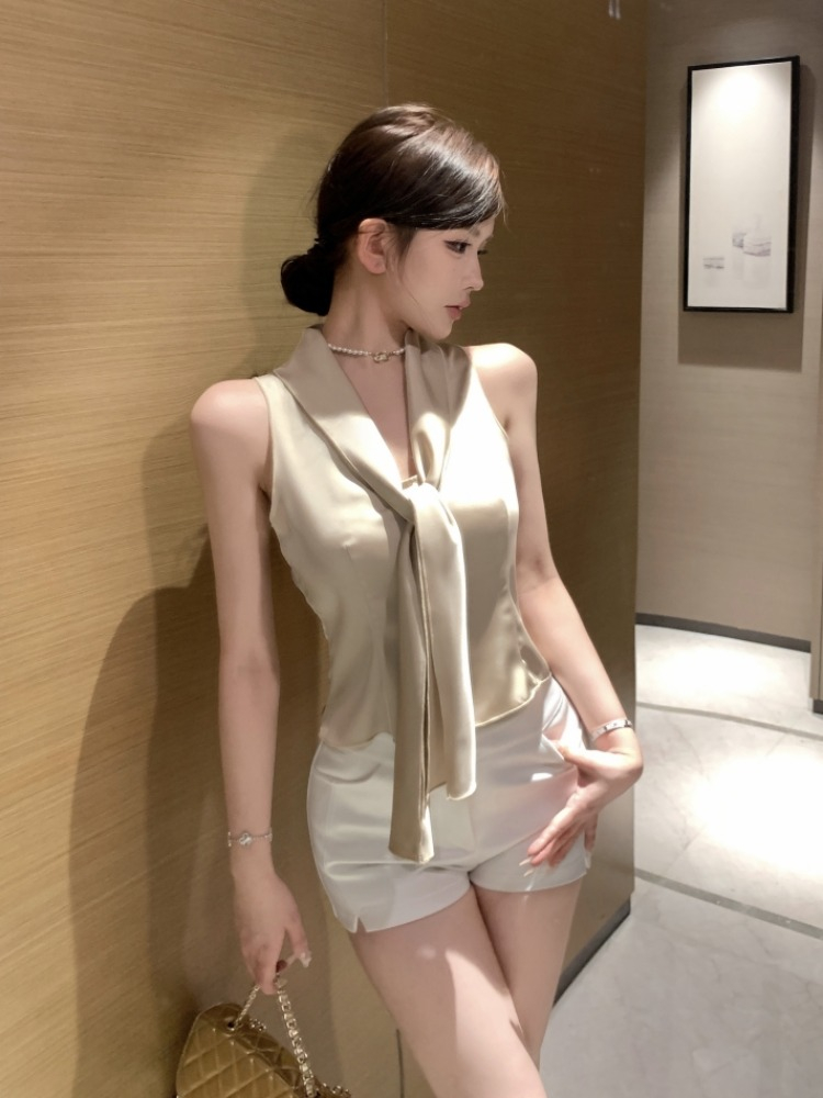 Korean satin ribbon sleeveless slim vest T-shirt women's summer temperament slim v-neck high-end short top