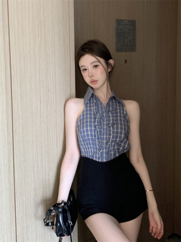 Actual shot ~ Plaid shoulder sleeveless vest for women summer outer wear 2024 new style commuting slim and versatile top