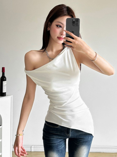 Temperament Royal Sister Style Retro Swing Collar Clavicle Vest Women's Pleated Slim Irregular Top