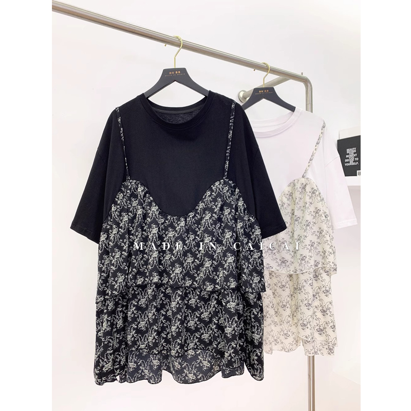 Original workmanship suspenders floral splicing T-shirt fake two-piece women's 2024 summer Korean style loose flesh-covering top