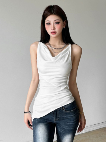 Temperament Royal Sister Style Retro Swing Collar Clavicle Vest Women's Pleated Slim Irregular Top