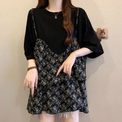 Original workmanship, large size suspenders, floral fake two-piece short-sleeved T-shirt for women, summer fat mm, loose flesh-hiding top