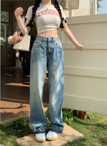 Real shot!  Retro straight-leg jeans for women, new high-waisted, loose, slimming, floor-length wide-leg pants