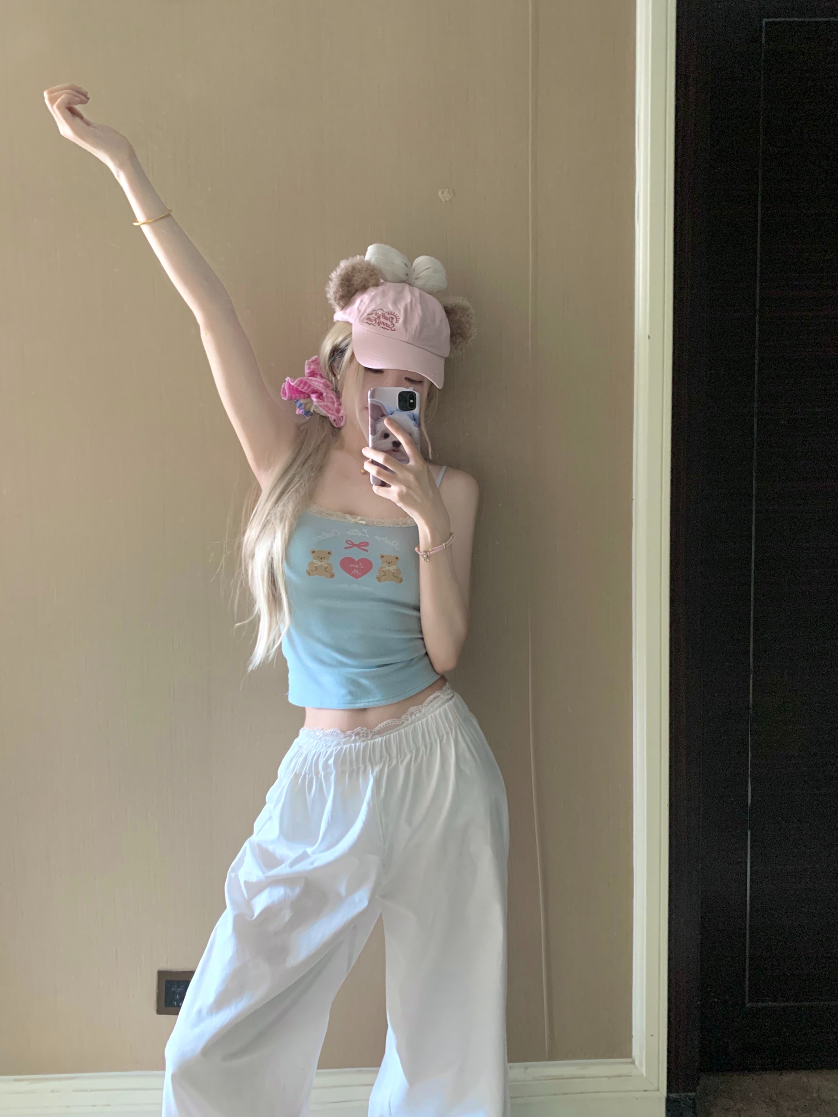 Real shot~ Casual pants for women, summer lace, loose, wide-legged, long, high-waisted, white straight pants + bear suspenders